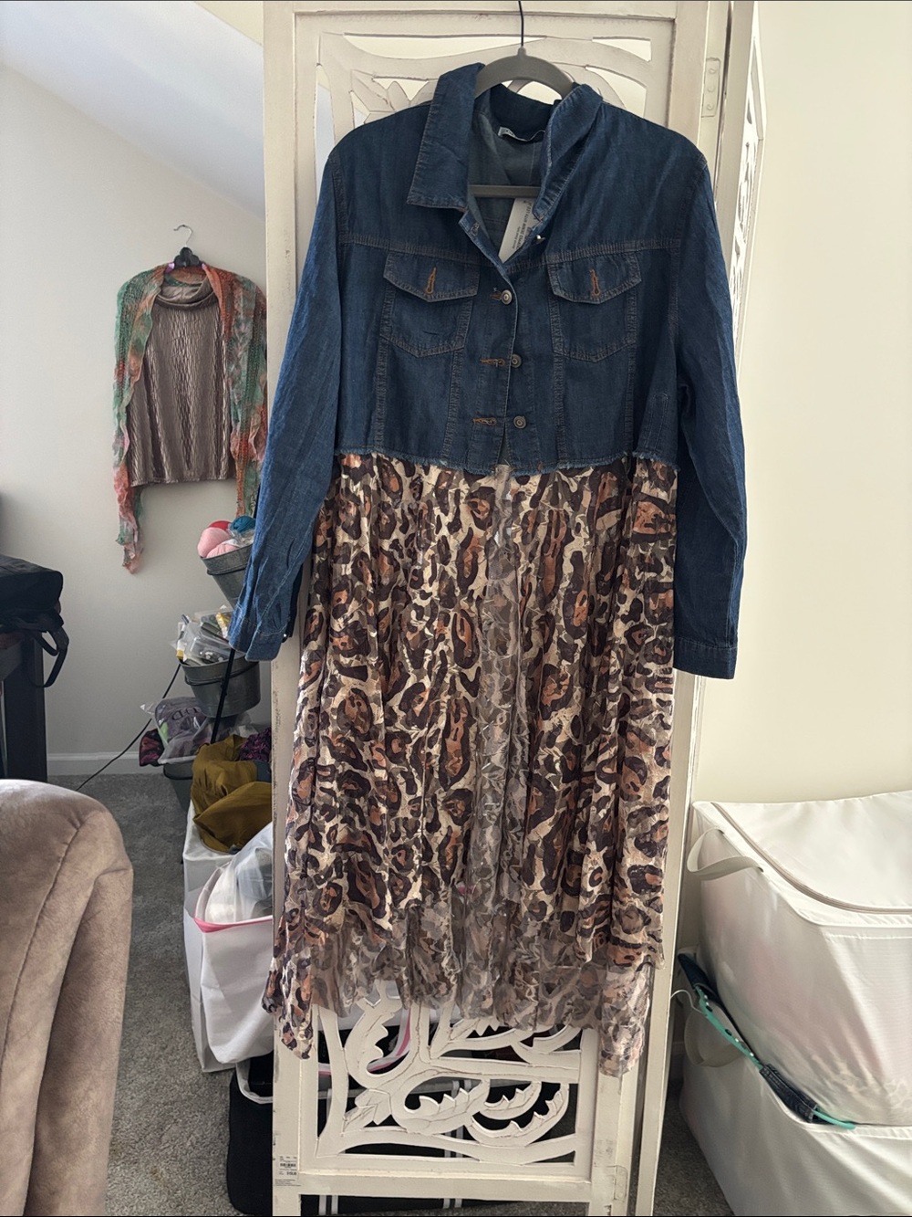 Denim Jacket Top with Leopard Print Skirt Dress - Blue and Brown